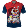 Personalized Sydney Roosters Polo Shirt Easter Mascot - Colorful Eggs Cartoon Style