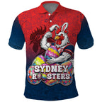 Personalized Sydney Roosters Polo Shirt Easter Mascot - Colorful Eggs Cartoon Style