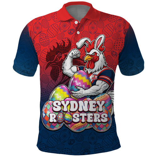 Personalized Sydney Roosters Polo Shirt Easter Mascot - Colorful Eggs Cartoon Style