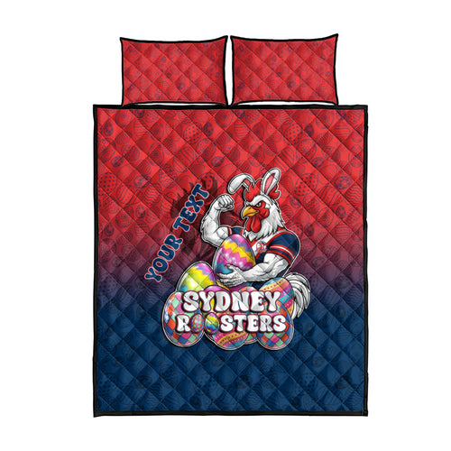 Personalized Sydney Roosters Quilt Bed Set Easter Mascot - Colorful Eggs Cartoon Style