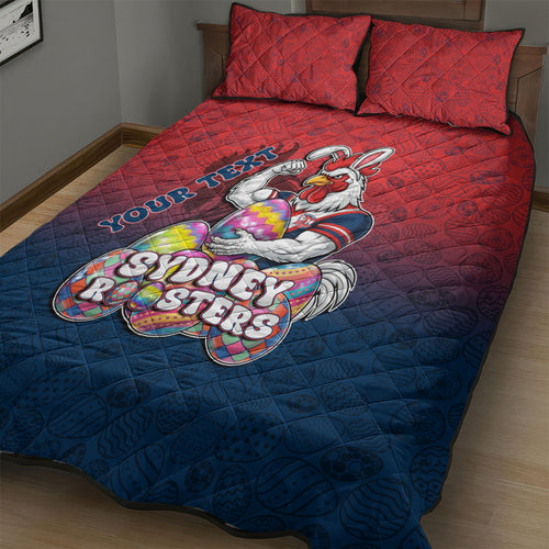 Personalized Sydney Roosters Quilt Bed Set Easter Mascot - Colorful Eggs Cartoon Style