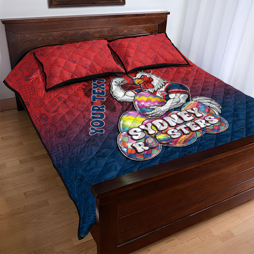 Personalized Sydney Roosters Quilt Bed Set Easter Mascot - Colorful Eggs Cartoon Style