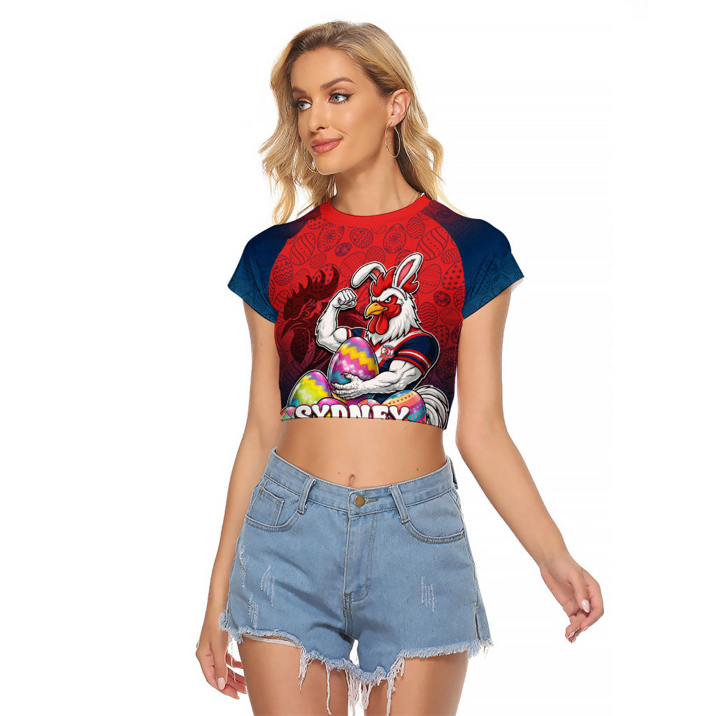 Personalized Sydney Roosters Raglan Cropped T Shirt Easter Mascot - Colorful Eggs Cartoon Style