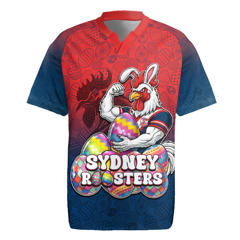 Personalized Sydney Roosters Rugby Jersey Easter Mascot - Colorful Eggs Cartoon Style