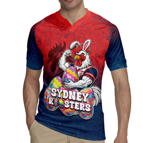 Personalized Sydney Roosters Rugby Jersey Easter Mascot - Colorful Eggs Cartoon Style