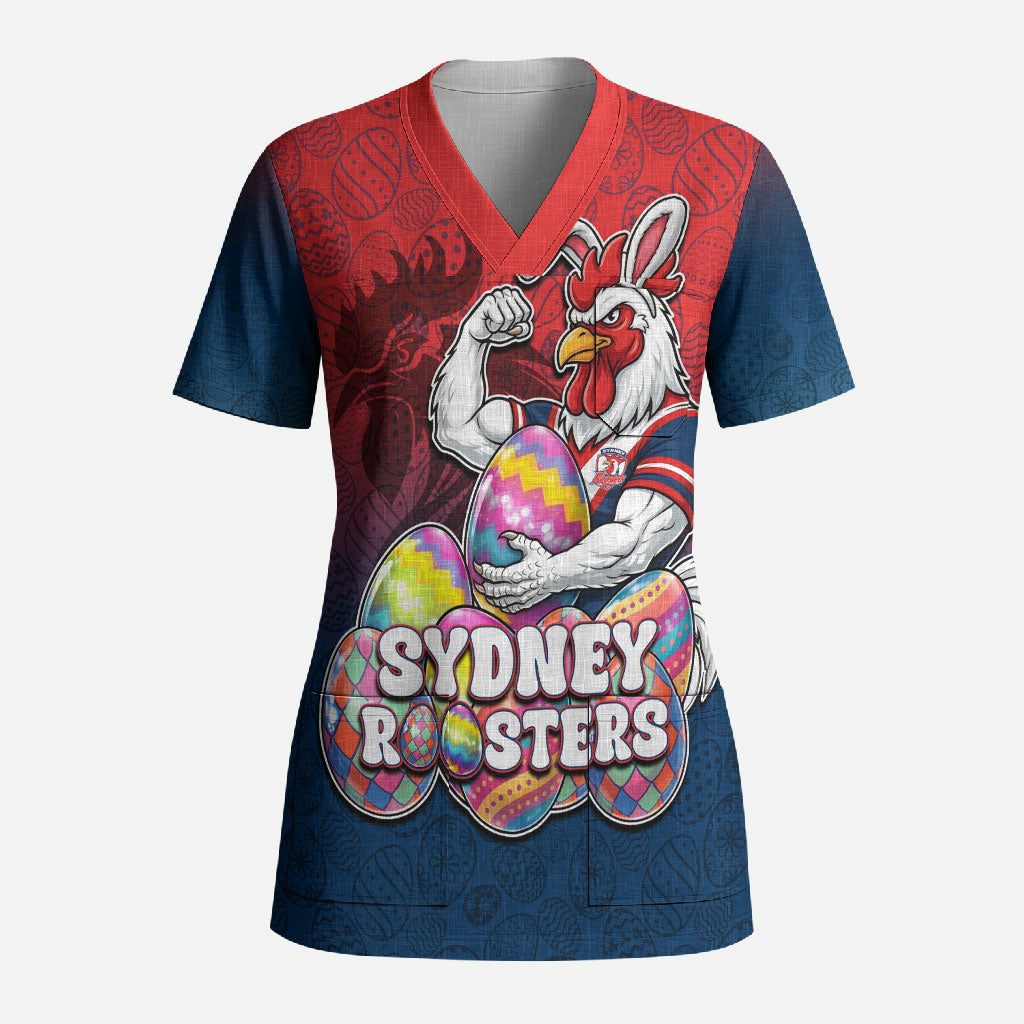Personalized Sydney Roosters Scrub Top Easter Mascot - Colorful Eggs Cartoon Style