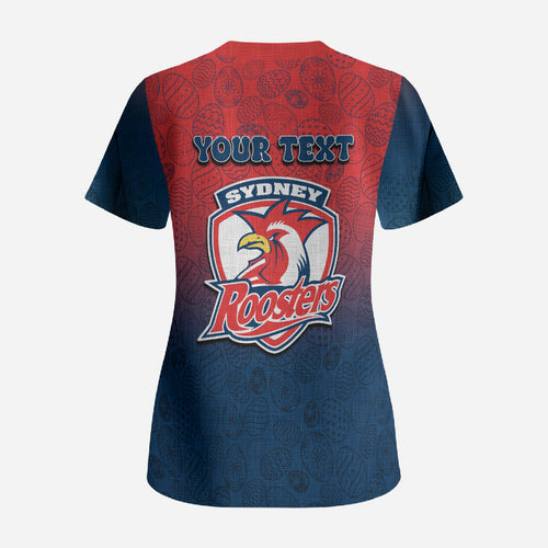 Personalized Sydney Roosters Scrub Top Easter Mascot - Colorful Eggs Cartoon Style