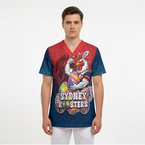 Personalized Sydney Roosters Scrub Top Easter Mascot - Colorful Eggs Cartoon Style