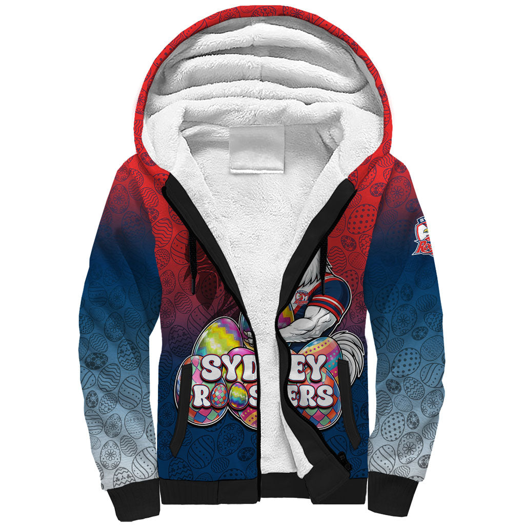 Personalized Sydney Roosters Sherpa Hoodie Easter Mascot - Colorful Eggs Cartoon Style