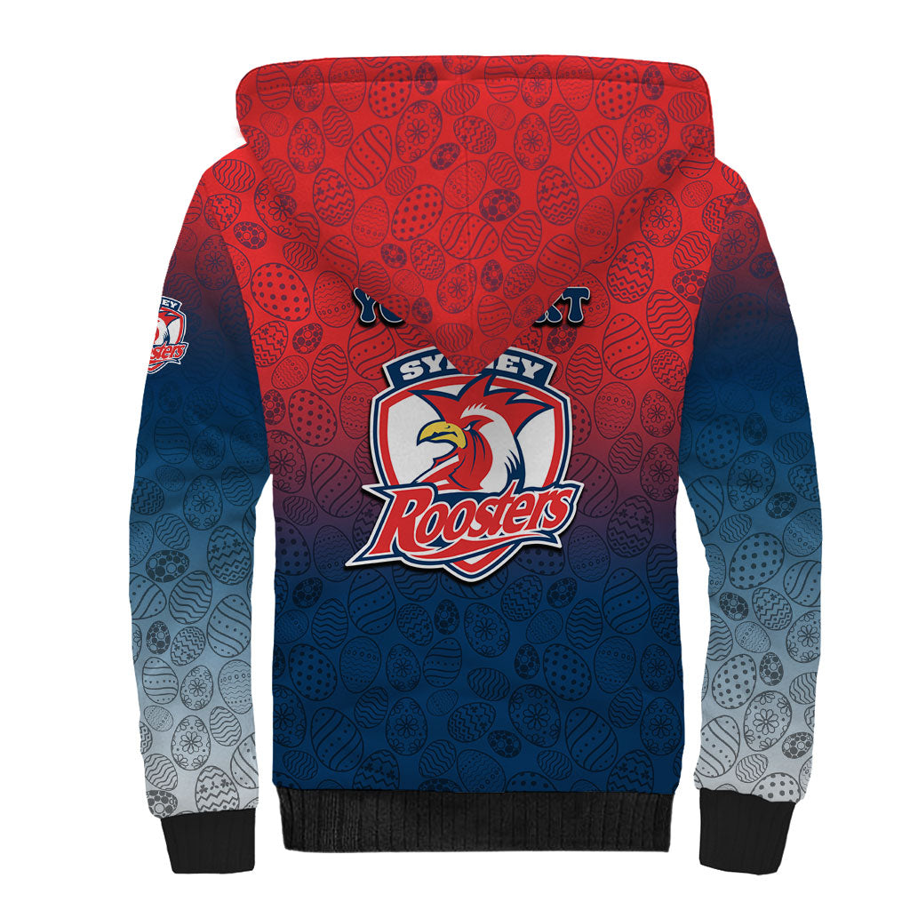 Personalized Sydney Roosters Sherpa Hoodie Easter Mascot - Colorful Eggs Cartoon Style