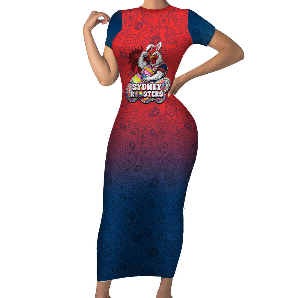 Personalized Sydney Roosters Short Sleeve Bodycon Dress Easter Mascot - Colorful Eggs Cartoon Style