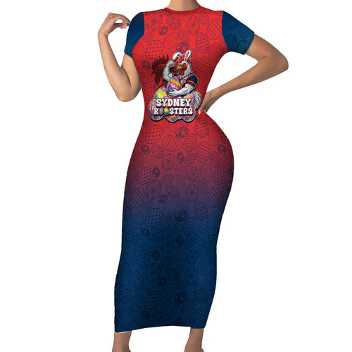 Personalized Sydney Roosters Short Sleeve Bodycon Dress Easter Mascot - Colorful Eggs Cartoon Style