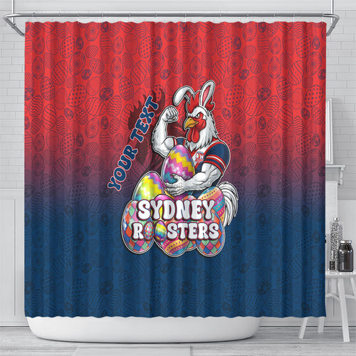 Personalized Sydney Roosters Shower Curtain Easter Mascot - Colorful Eggs Cartoon Style