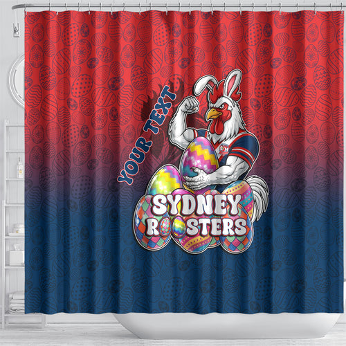 Personalized Sydney Roosters Shower Curtain Easter Mascot - Colorful Eggs Cartoon Style