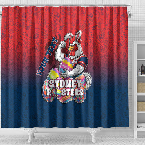 Personalized Sydney Roosters Shower Curtain Easter Mascot - Colorful Eggs Cartoon Style