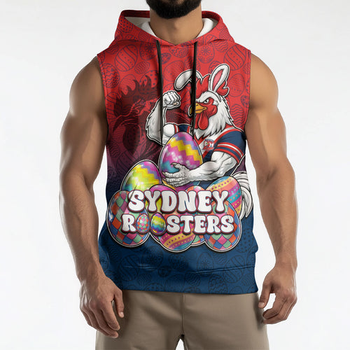 Personalized Sydney Roosters Sleeveless Hoodie Easter Mascot - Colorful Eggs Cartoon Style