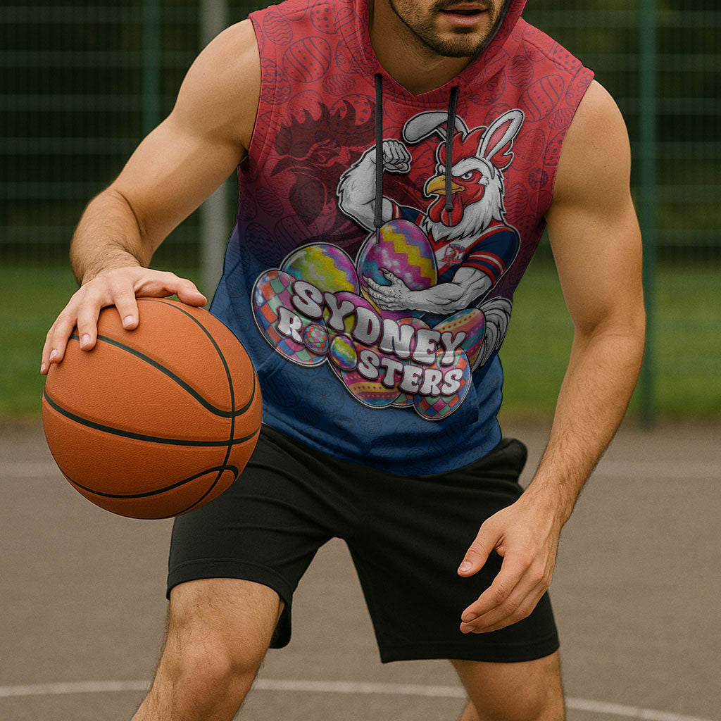 Personalized Sydney Roosters Sleeveless Hoodie Easter Mascot - Colorful Eggs Cartoon Style