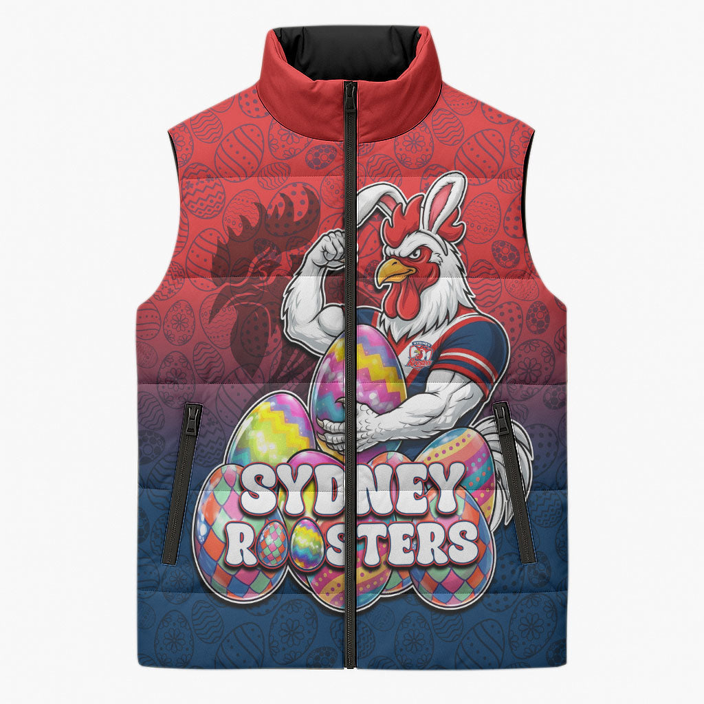 Personalized Sydney Roosters Sleeveless Puffer Jacket Easter Mascot - Colorful Eggs Cartoon Style