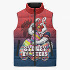Personalized Sydney Roosters Sleeveless Puffer Jacket Easter Mascot - Colorful Eggs Cartoon Style