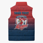 Personalized Sydney Roosters Sleeveless Puffer Jacket Easter Mascot - Colorful Eggs Cartoon Style