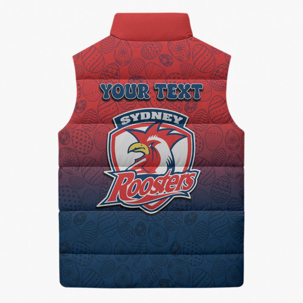 Personalized Sydney Roosters Sleeveless Puffer Jacket Easter Mascot - Colorful Eggs Cartoon Style