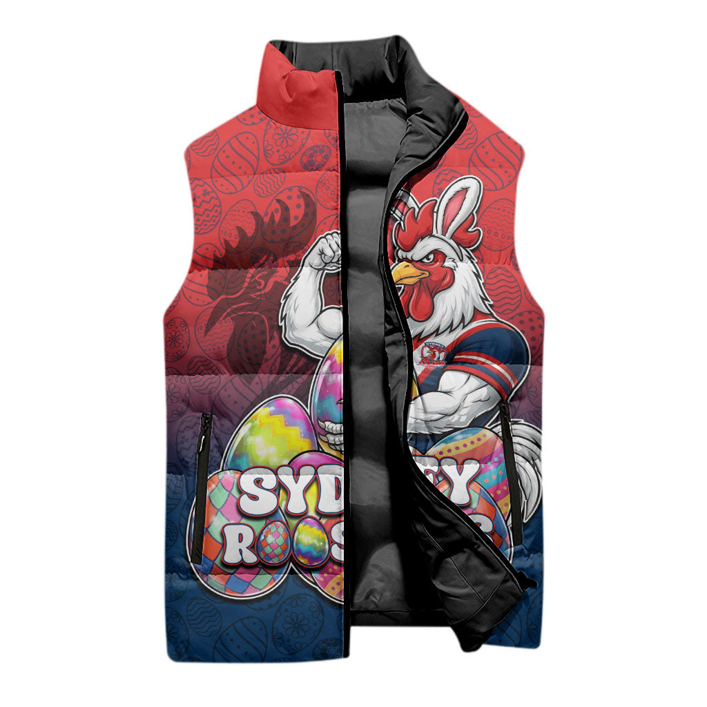 Personalized Sydney Roosters Sleeveless Puffer Jacket Easter Mascot - Colorful Eggs Cartoon Style