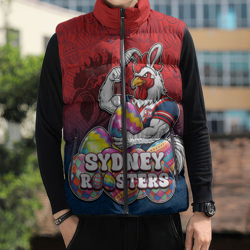 Personalized Sydney Roosters Sleeveless Puffer Jacket Easter Mascot - Colorful Eggs Cartoon Style