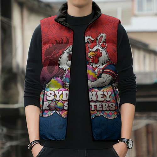Personalized Sydney Roosters Sleeveless Puffer Jacket Easter Mascot - Colorful Eggs Cartoon Style