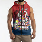 Personalized Sydney Roosters Sleeveless Zip Hoodie Easter Mascot - Colorful Eggs Cartoon Style