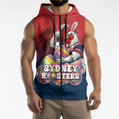 Personalized Sydney Roosters Sleeveless Zip Hoodie Easter Mascot - Colorful Eggs Cartoon Style