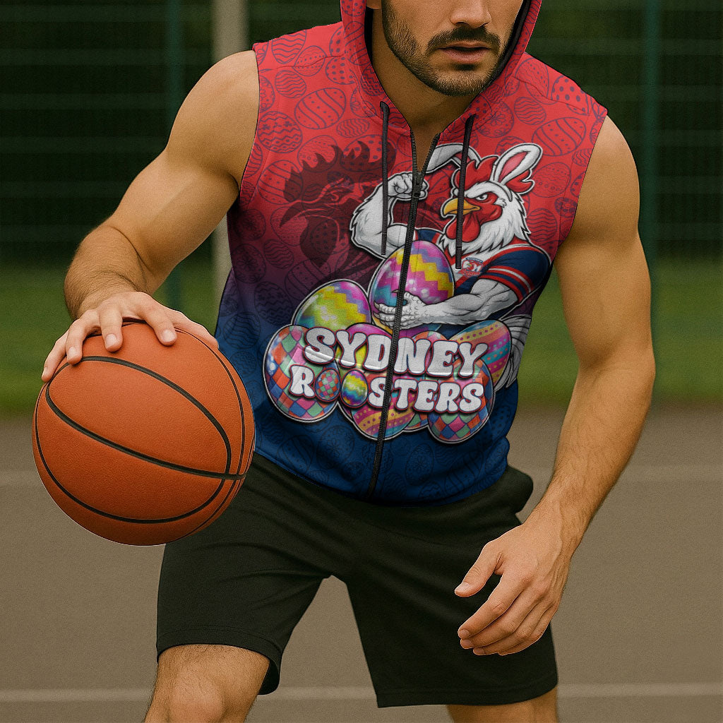 Personalized Sydney Roosters Sleeveless Zip Hoodie Easter Mascot - Colorful Eggs Cartoon Style