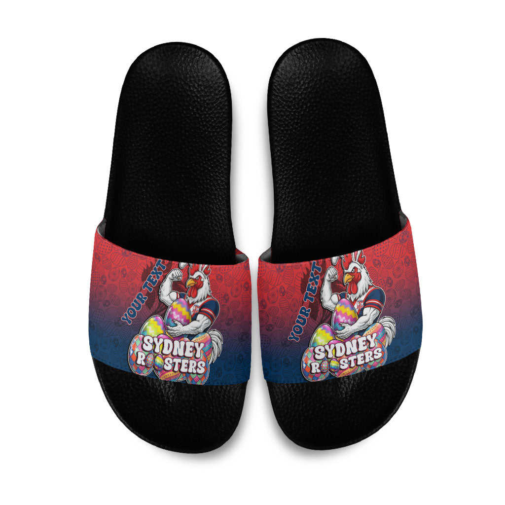 Personalized Sydney Roosters Slide Sandals Easter Mascot - Colorful Eggs Cartoon Style
