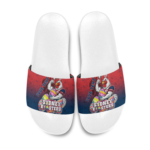 Personalized Sydney Roosters Slide Sandals Easter Mascot - Colorful Eggs Cartoon Style
