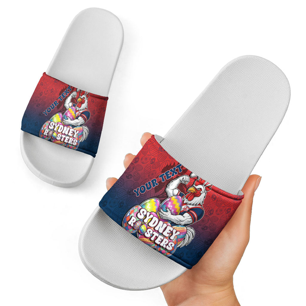 Personalized Sydney Roosters Slide Sandals Easter Mascot - Colorful Eggs Cartoon Style