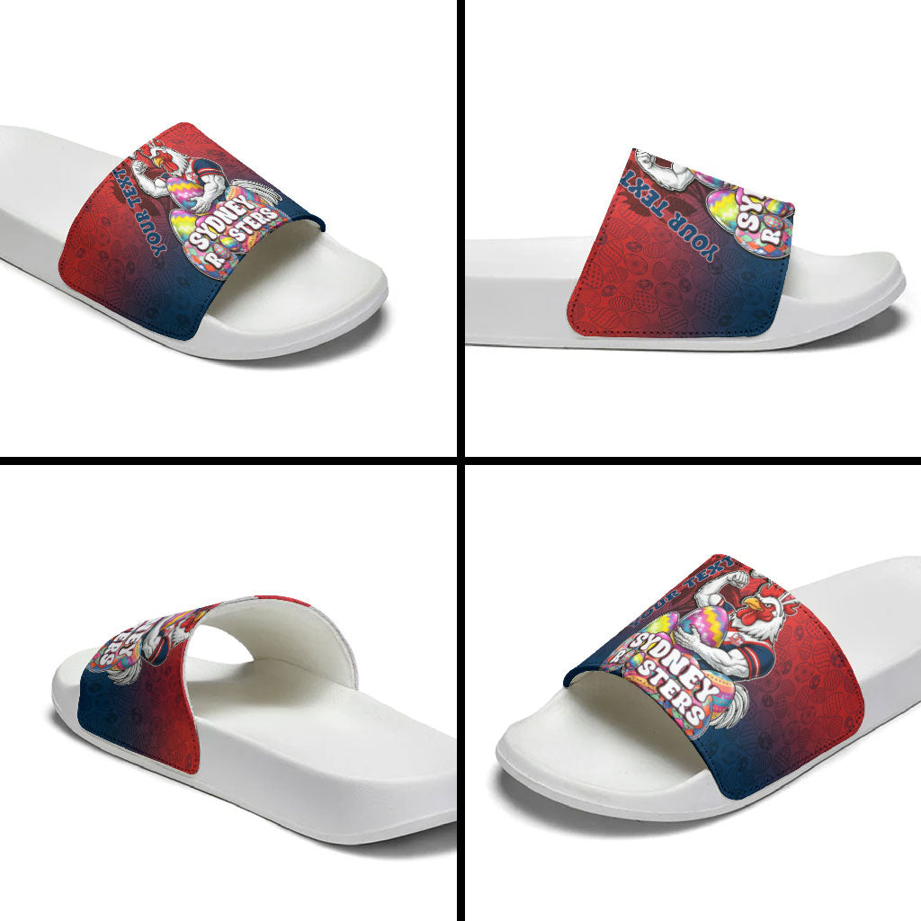 Personalized Sydney Roosters Slide Sandals Easter Mascot - Colorful Eggs Cartoon Style