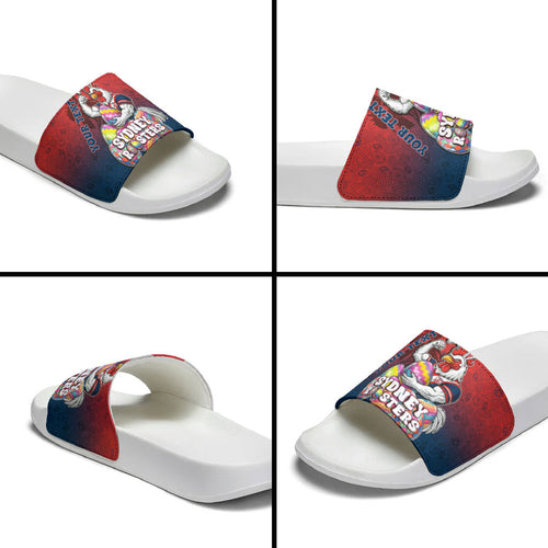 Personalized Sydney Roosters Slide Sandals Easter Mascot - Colorful Eggs Cartoon Style
