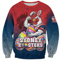 Personalized Sydney Roosters Sweatshirt Easter Mascot - Colorful Eggs Cartoon Style