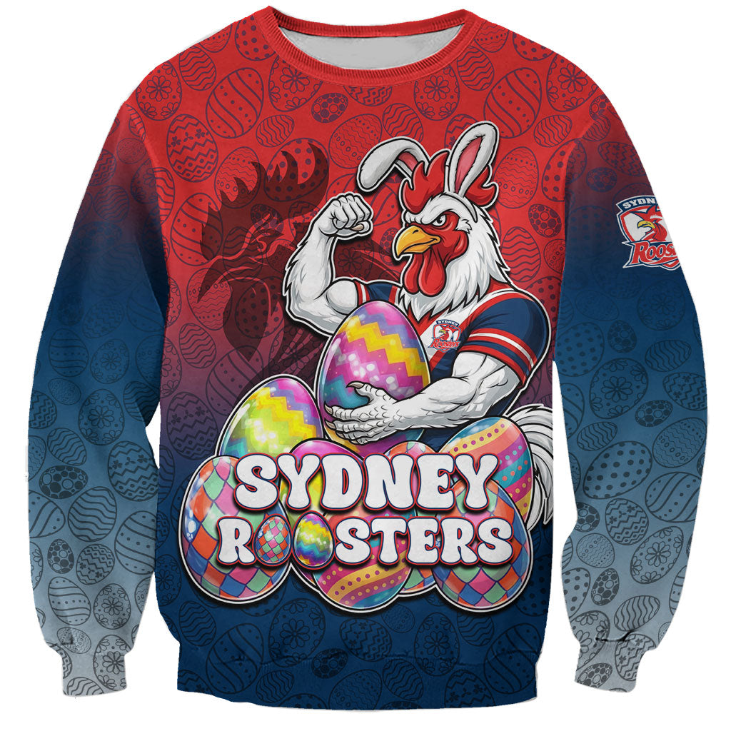 Personalized Sydney Roosters Sweatshirt Easter Mascot - Colorful Eggs Cartoon Style