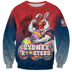 Personalized Sydney Roosters Sweatshirt Easter Mascot - Colorful Eggs Cartoon Style