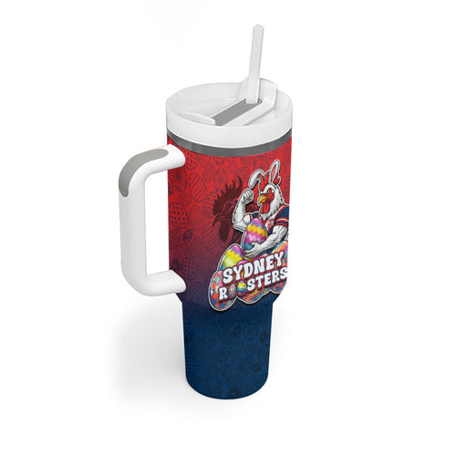 Personalized Sydney Roosters Tumbler With Handle Easter Mascot - Colorful Eggs Cartoon Style