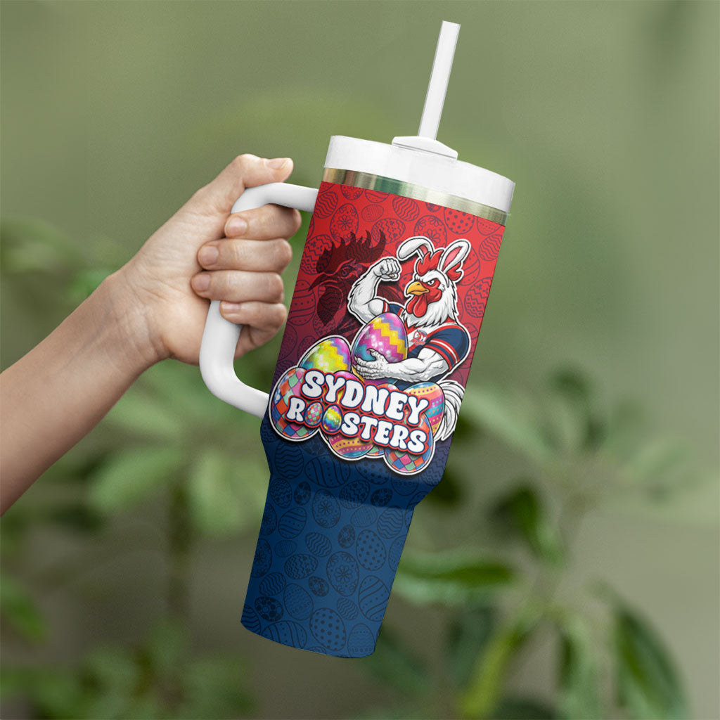 Personalized Sydney Roosters Tumbler With Handle Easter Mascot - Colorful Eggs Cartoon Style