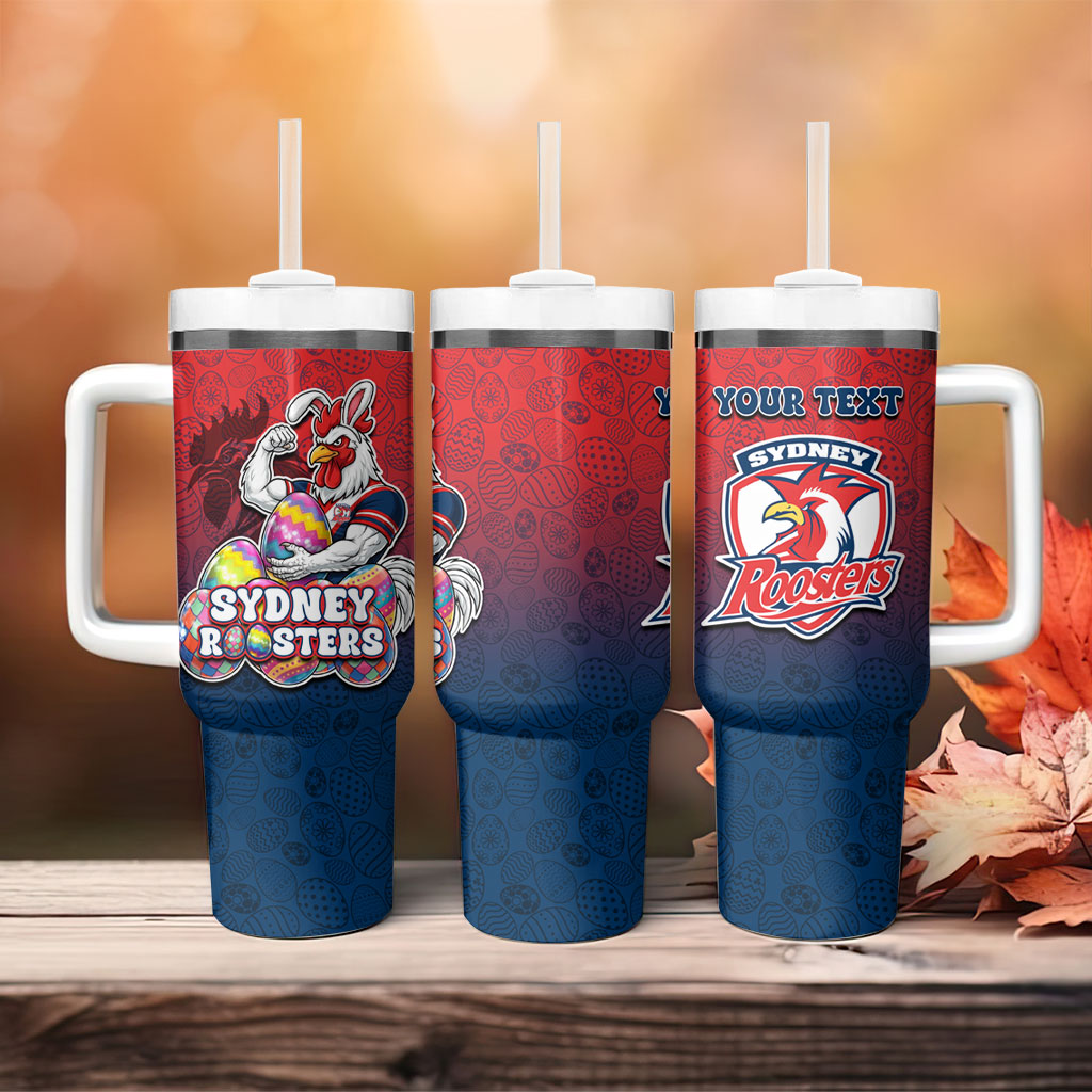 Personalized Sydney Roosters Tumbler With Handle Easter Mascot - Colorful Eggs Cartoon Style