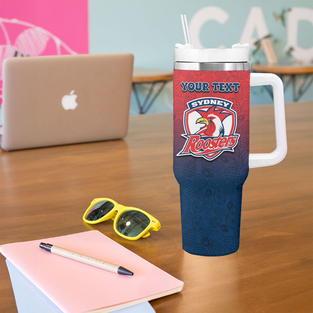 Personalized Sydney Roosters Tumbler With Handle Easter Mascot - Colorful Eggs Cartoon Style