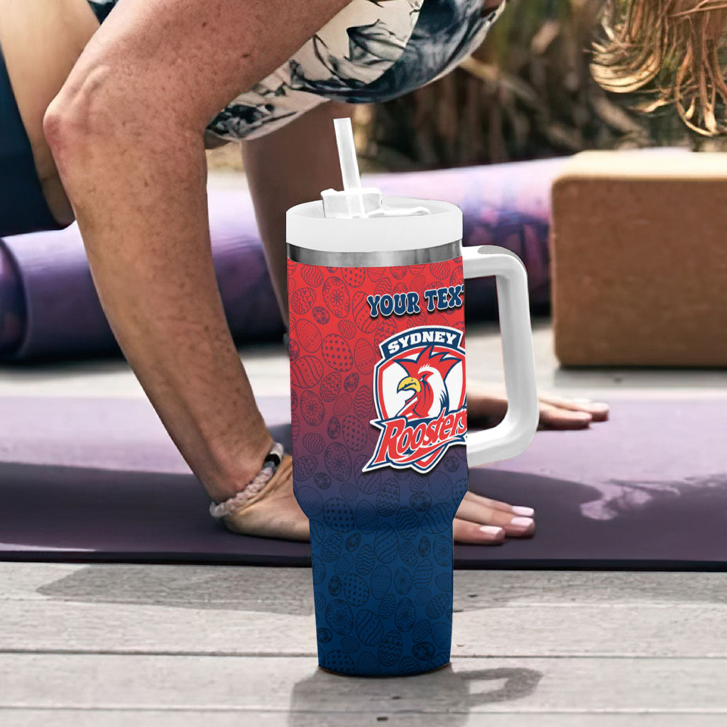 Personalized Sydney Roosters Tumbler With Handle Easter Mascot - Colorful Eggs Cartoon Style