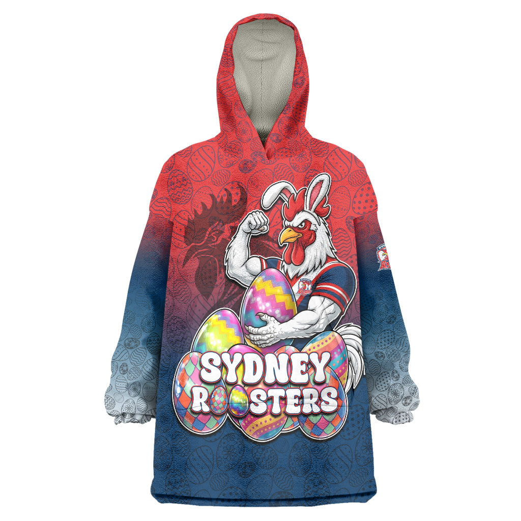 Personalized Sydney Roosters Wearable Blanket Hoodie Easter Mascot - Colorful Eggs Cartoon Style