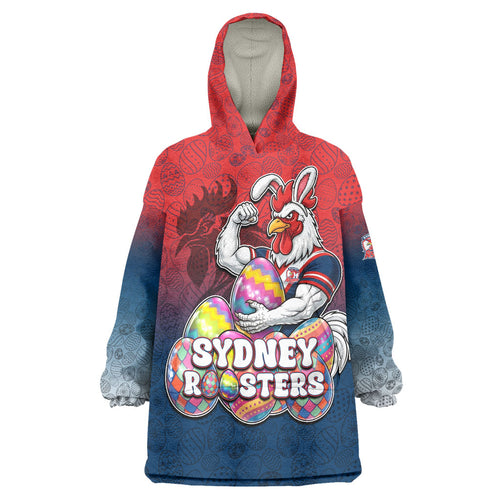 Personalized Sydney Roosters Wearable Blanket Hoodie Easter Mascot - Colorful Eggs Cartoon Style
