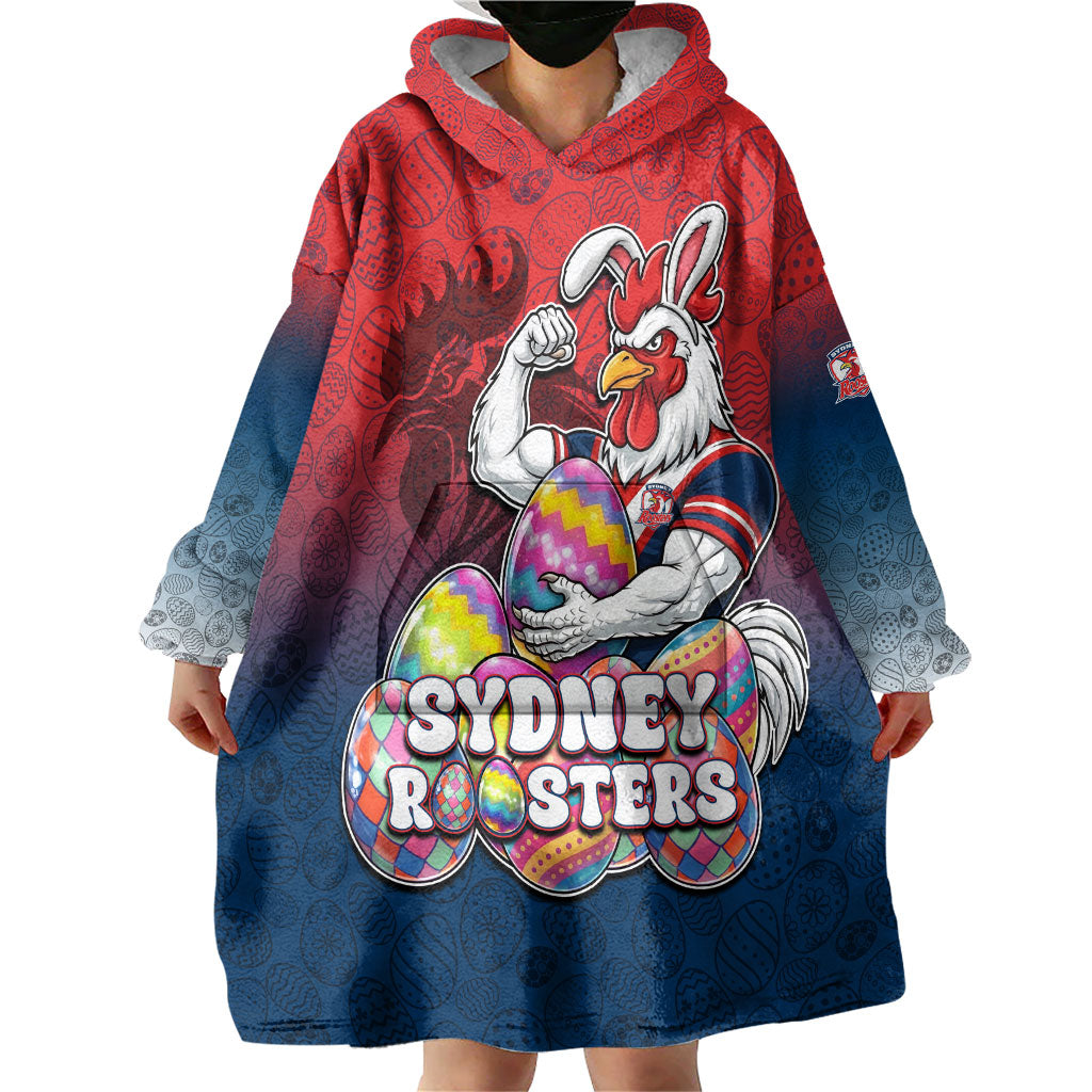 Personalized Sydney Roosters Wearable Blanket Hoodie Easter Mascot - Colorful Eggs Cartoon Style