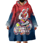 Personalized Sydney Roosters Wearable Blanket Hoodie Easter Mascot - Colorful Eggs Cartoon Style