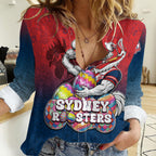 Personalized Sydney Roosters Women Casual Shirt Easter Mascot - Colorful Eggs Cartoon Style
