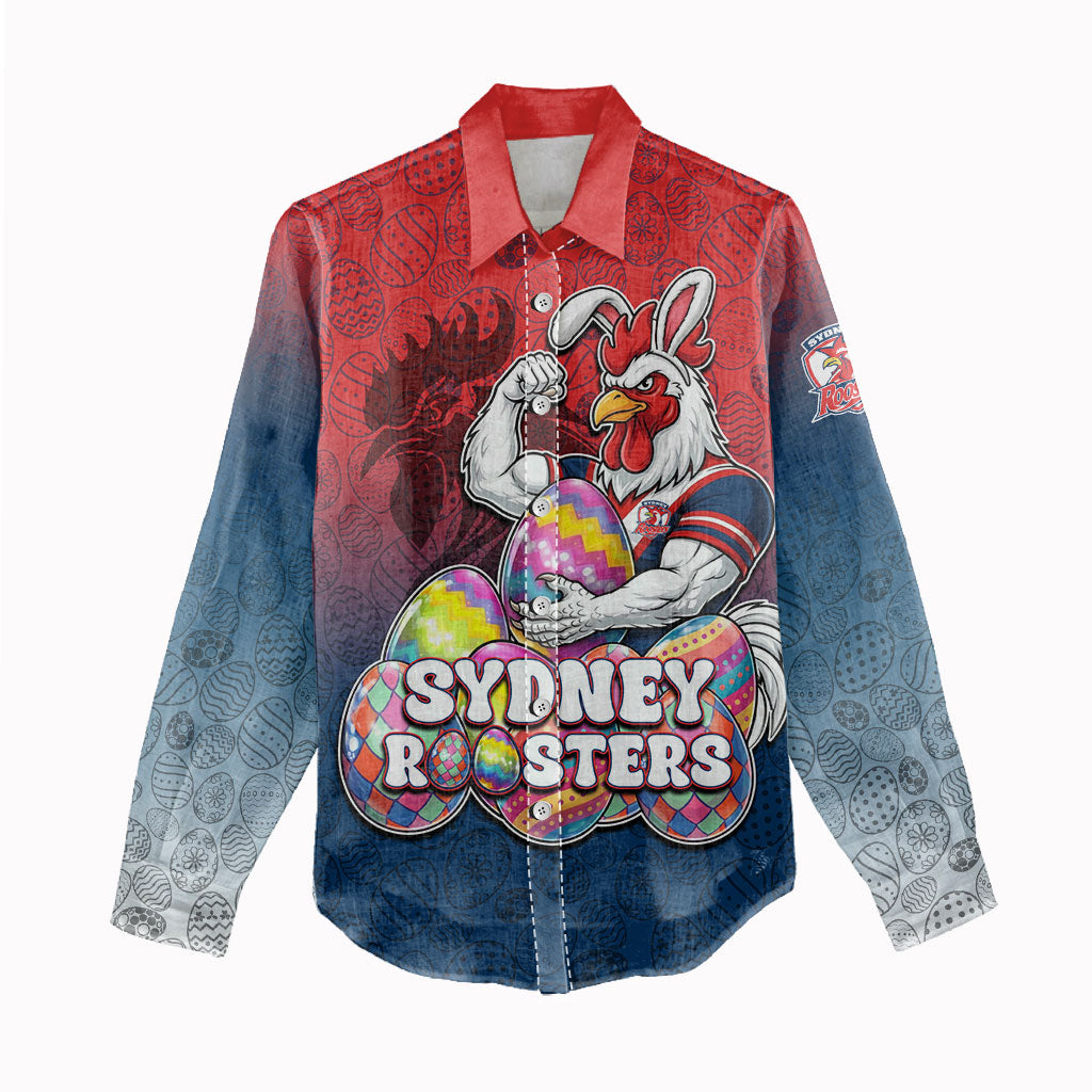Personalized Sydney Roosters Women Casual Shirt Easter Mascot - Colorful Eggs Cartoon Style